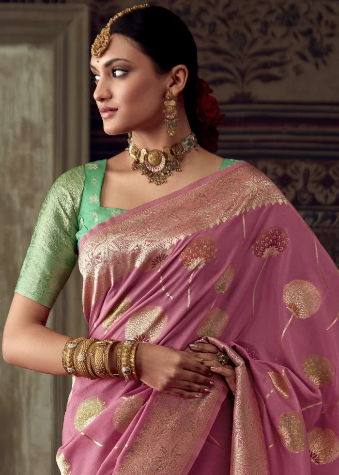 Rose Pink Georgette Silk Banarasi Saree with Meenakari