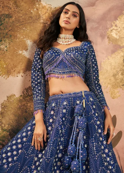 Royal Blue Embroidered Net Lehenga