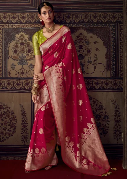 Ruby Red Georgette Silk Banarasi Saree with Meenakari