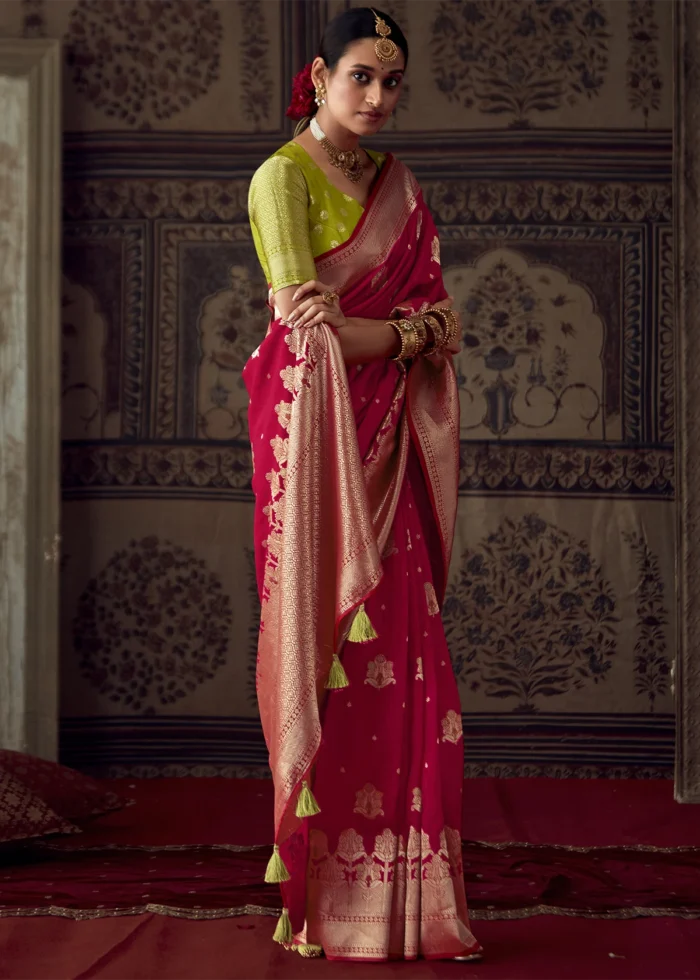 Ruby Red Georgette Silk Banarasi Saree with Meenakari