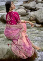 Salmon Pink Embroidered Organza Saree