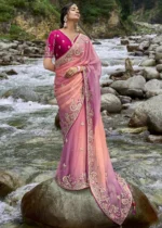 Salmon Pink Embroidered Organza Saree