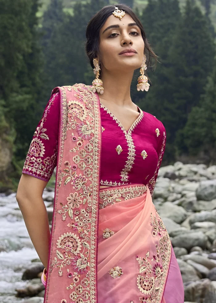 Salmon Pink Embroidered Organza Saree