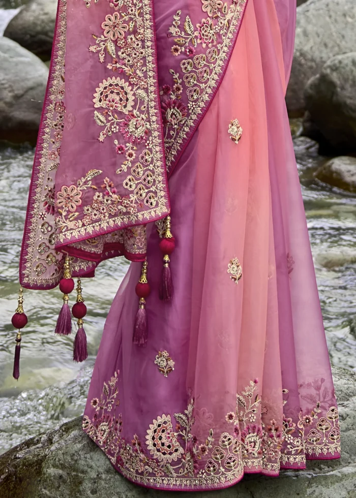 Salmon Pink Embroidered Organza Saree