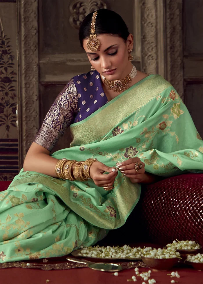 Sea Green Georgette Silk Banarasi Saree with Meenakari