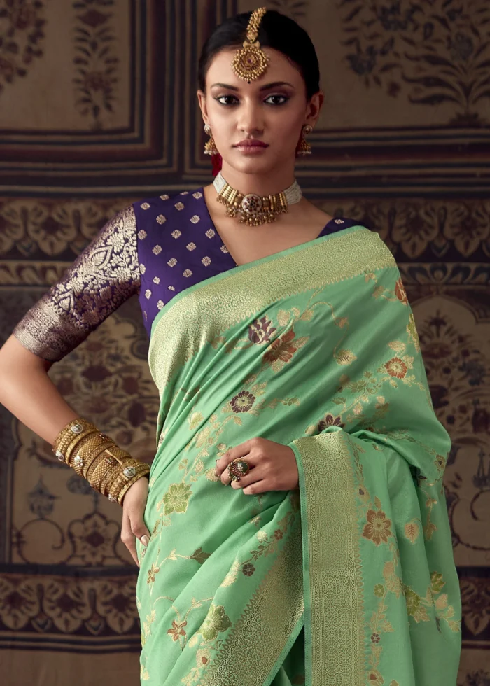 Sea Green Georgette Silk Banarasi Saree with Meenakari