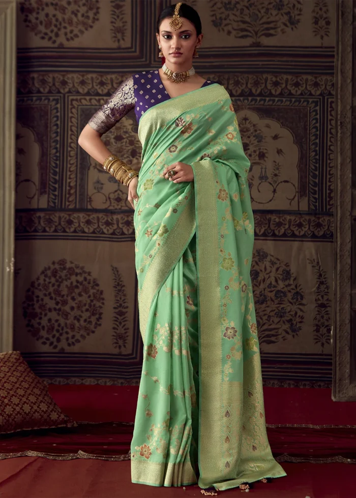 Sea Green Georgette Silk Banarasi Saree with Meenakari