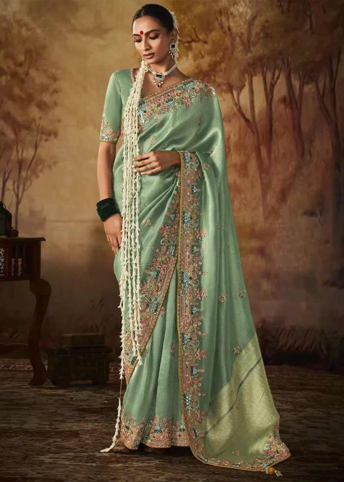 Sea Green Kanjivaram Silk Saree with Embroidery Work