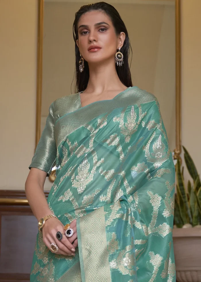 Teal Banarasi Organza Silk Saree