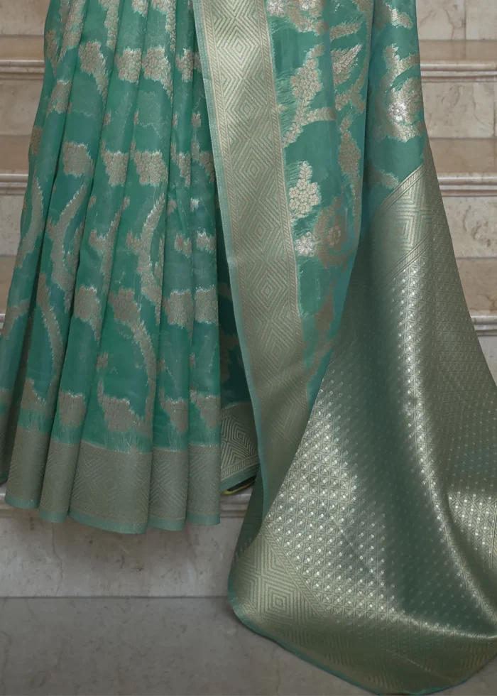 Teal Banarasi Organza Silk Saree