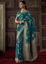 Teal Blue Georgette Silk Banarasi Saree with Meenakari