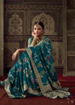 Teal Blue Georgette Silk Banarasi Saree with Meenakari