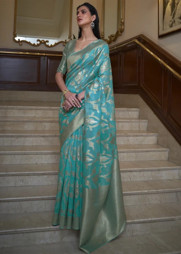 Turquoise Blue Banarasi Organza Silk Saree