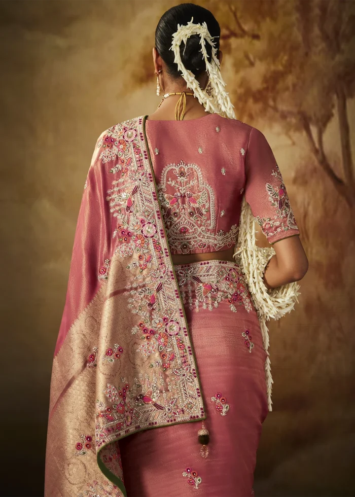 Watermelon Pink Kanjivaram Silk Saree with Embroidery Work