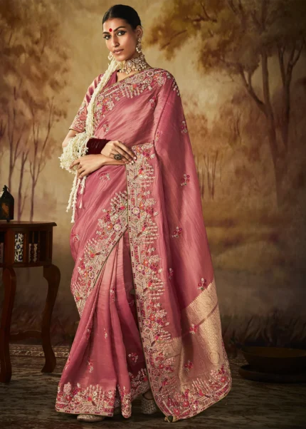 Watermelon Pink Kanjivaram Silk Saree with Embroidery Work