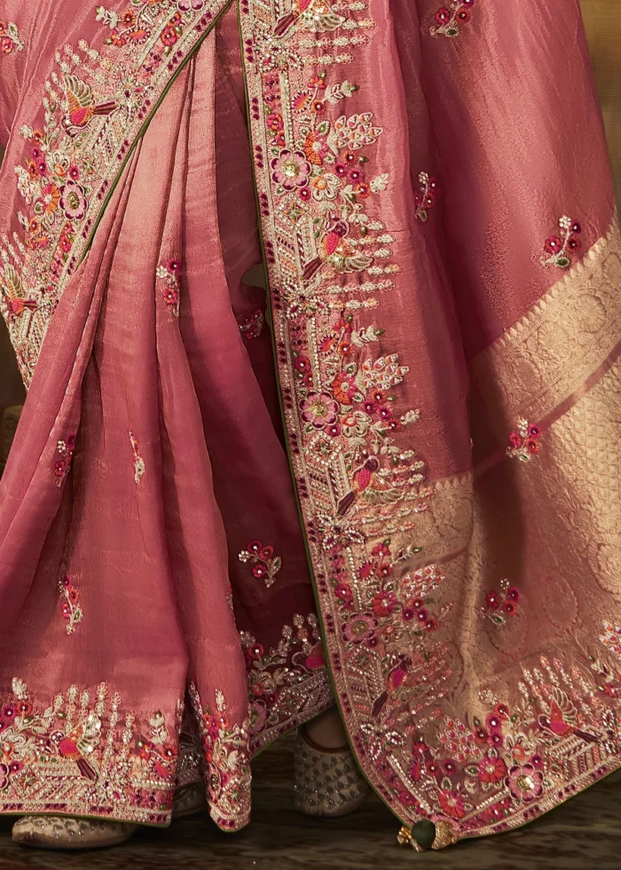 Watermelon Pink Kanjivaram Silk Saree with Embroidery Work