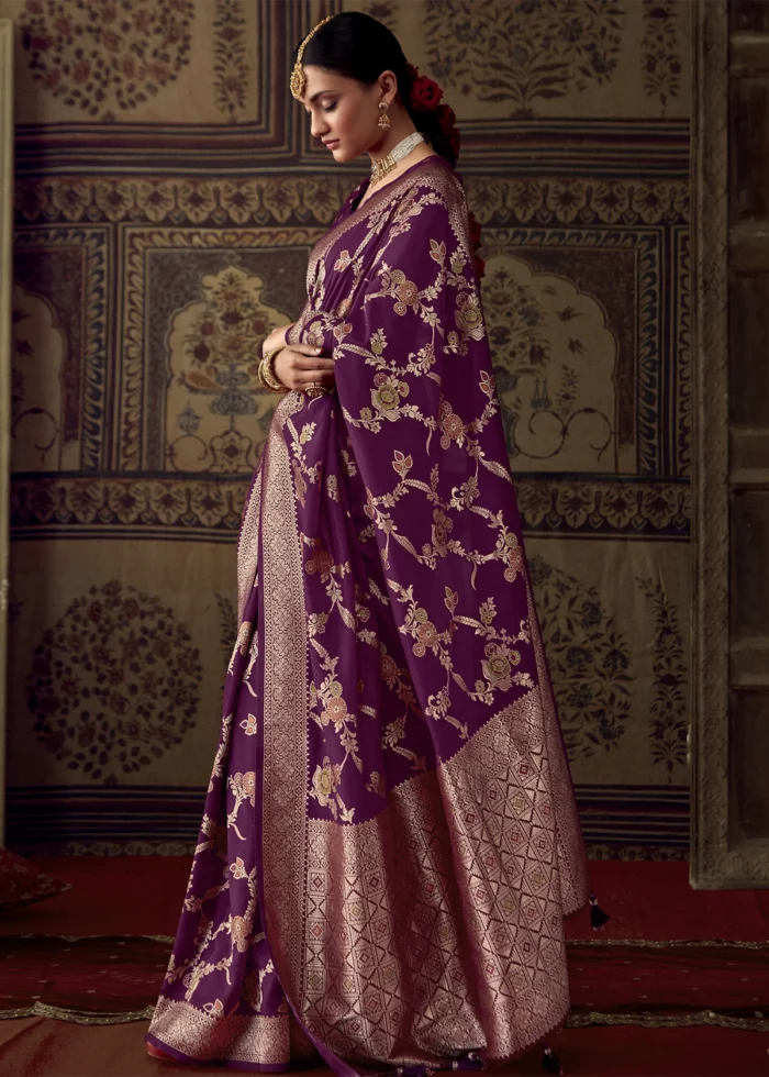 Wine Georgette Silk Banarasi Saree with Meenakari