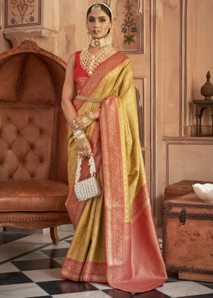 Yellow and Red Banarasi Saree