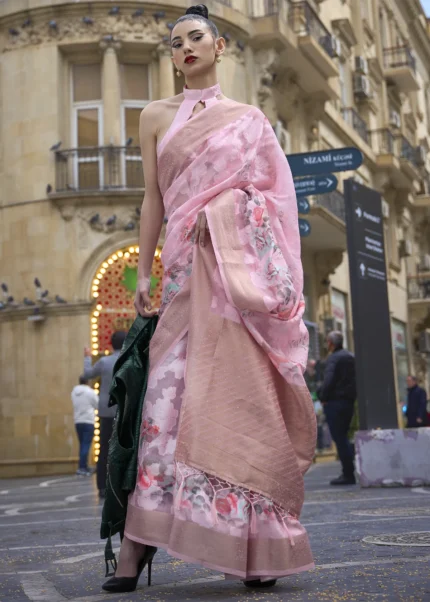 Baby Pink Silk Brasso Saree