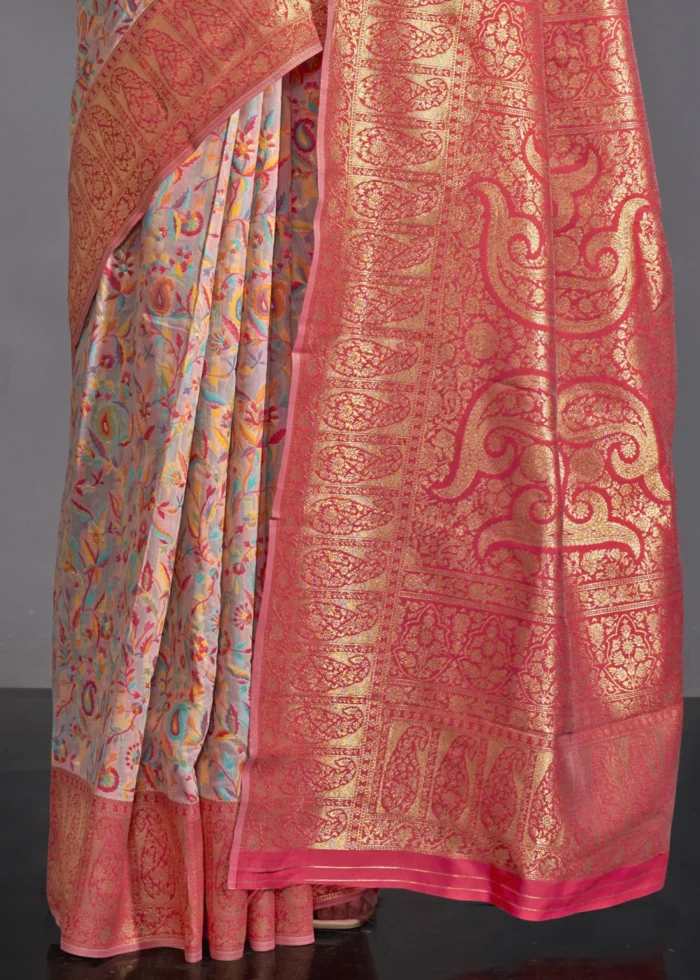 Beige Kashmiri Jamawar Saree with Banarasi Pallu