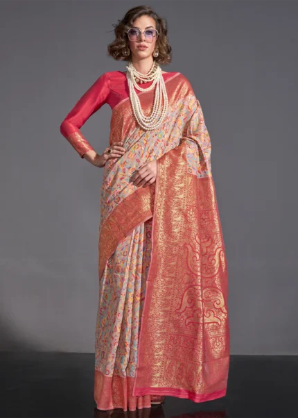 Beige Kashmiri Jamawar Saree with Banarasi Pallu