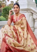 Beige and Red Patola Silk Saree