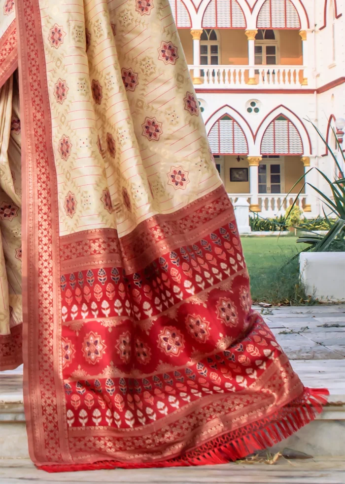 Beige and Red Patola Silk Saree