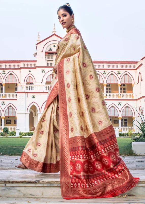 Beige and Red Patola Silk Saree