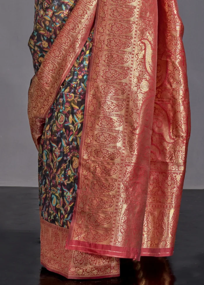 Black Kashmiri Jamawar Saree with Banarasi Pallu