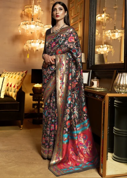 Black Kashmiri Jamawar Silk Saree