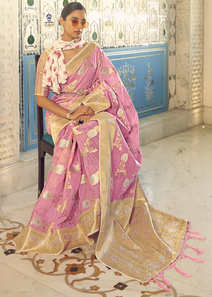 Blush Pink Woven Linen Silk Saree