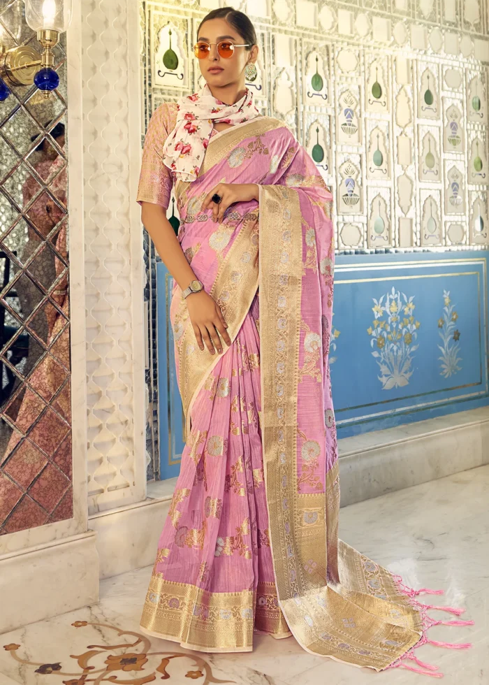 Blush Pink Woven Linen Silk Saree