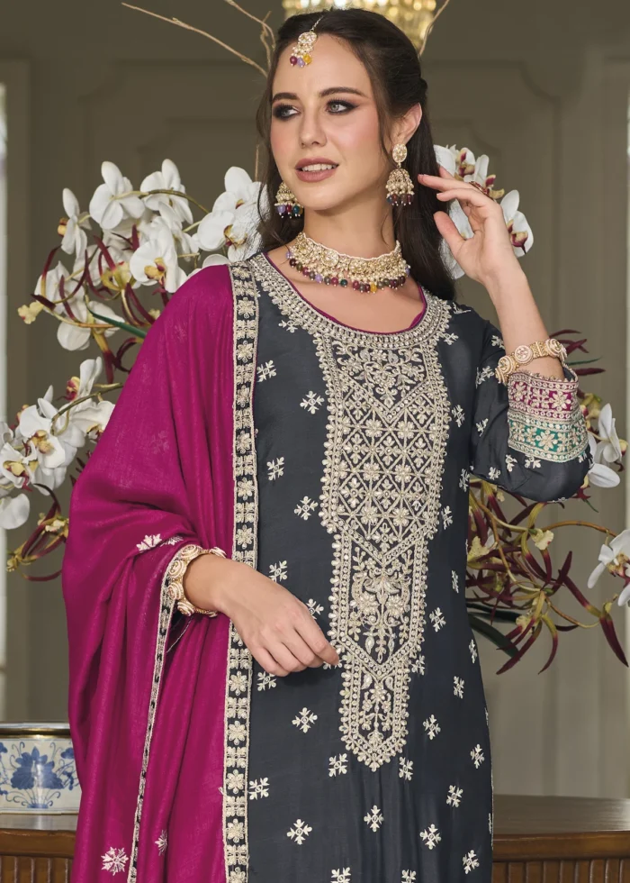 Charcoal Black Silk Suit with Embroidery Work