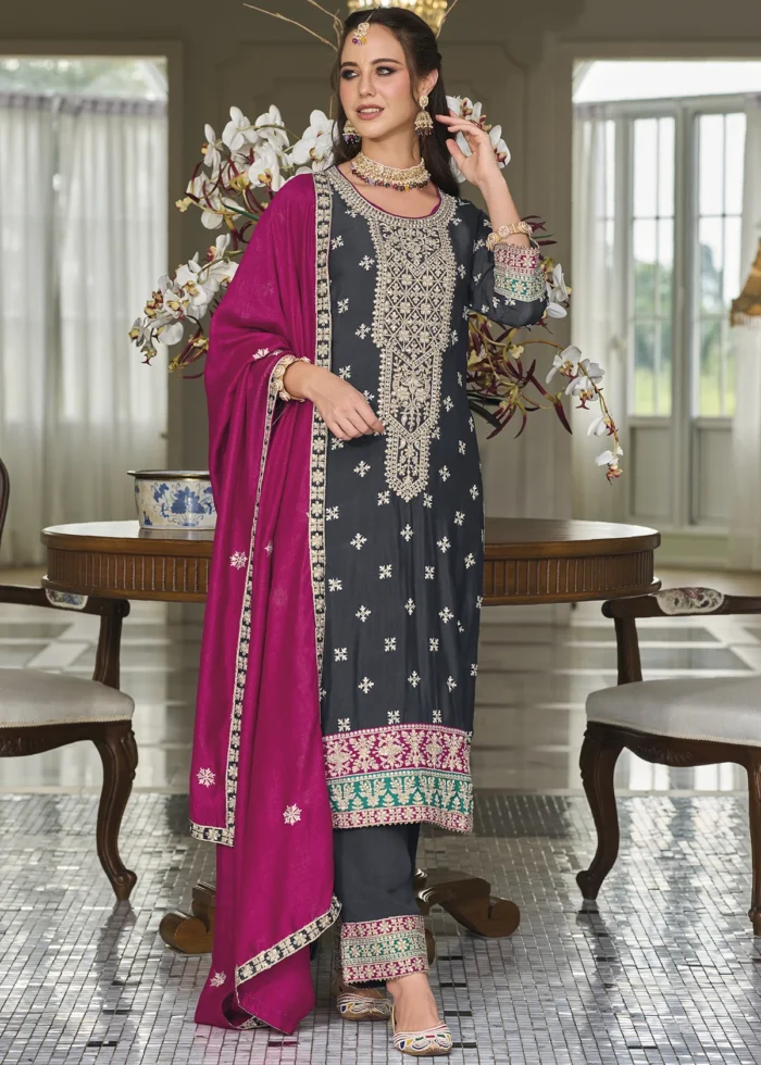 Charcoal Black Silk Suit with Embroidery Work