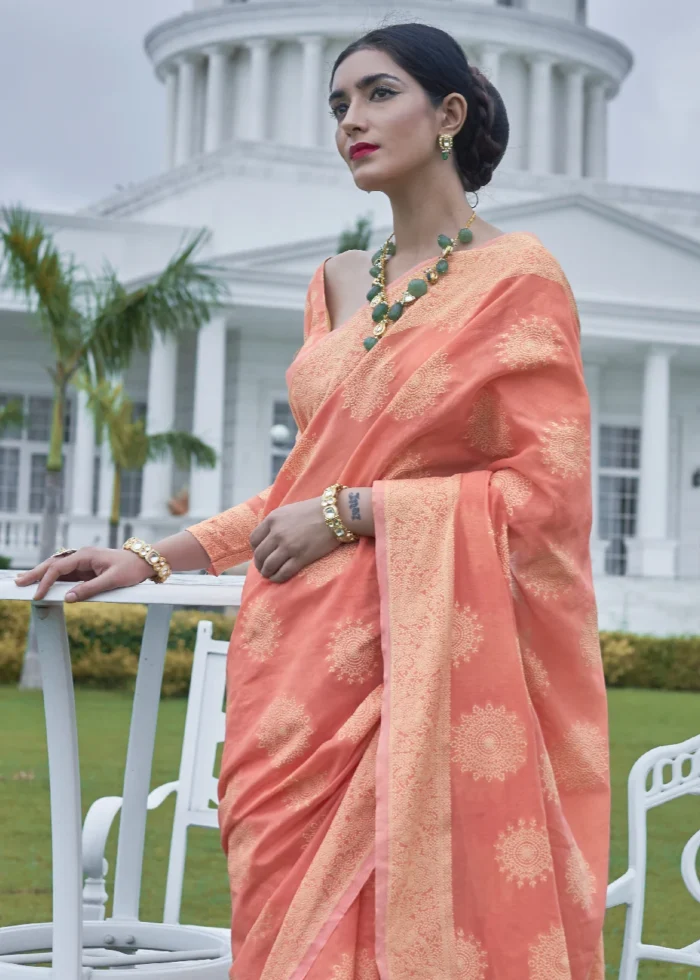 Coral Peach Lucknowi Chikankari Cotton Silk Saree