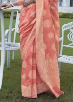 Coral Peach Lucknowi Chikankari Cotton Silk Saree