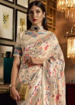 Cream Kashmiri Jamawar Silk Saree