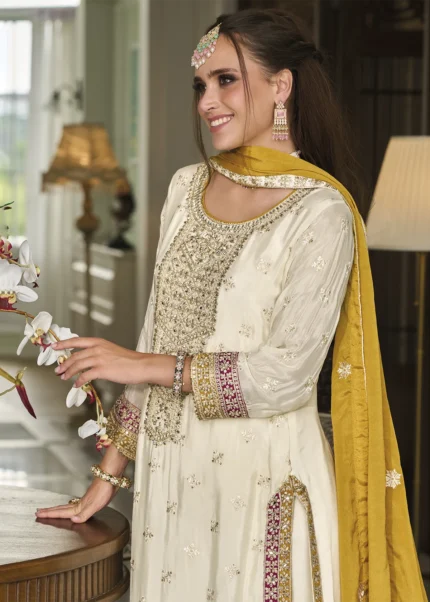 Cream Silk Suit with Embroidery Work