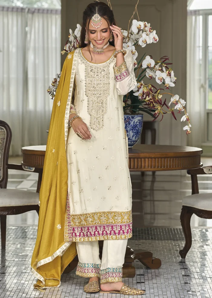 Cream Silk Suit with Embroidery Work