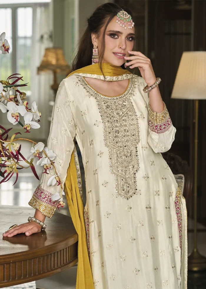 Cream Silk Suit with Embroidery Work