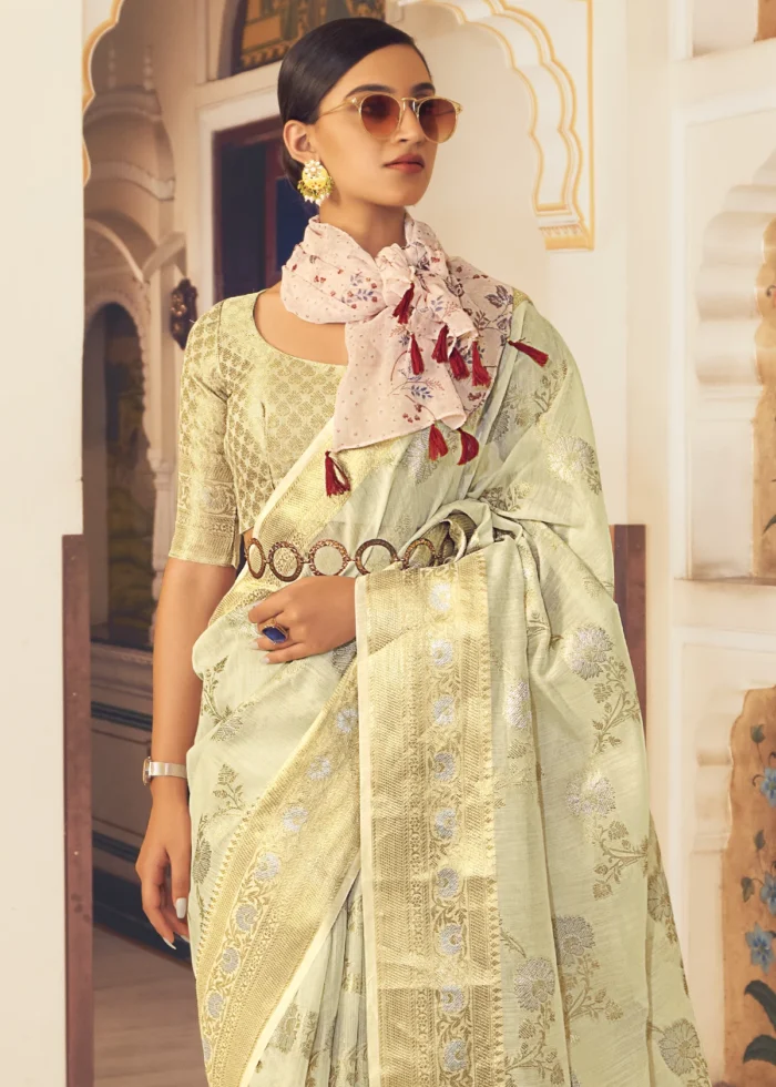 Cream Yellow Woven Linen Silk Saree