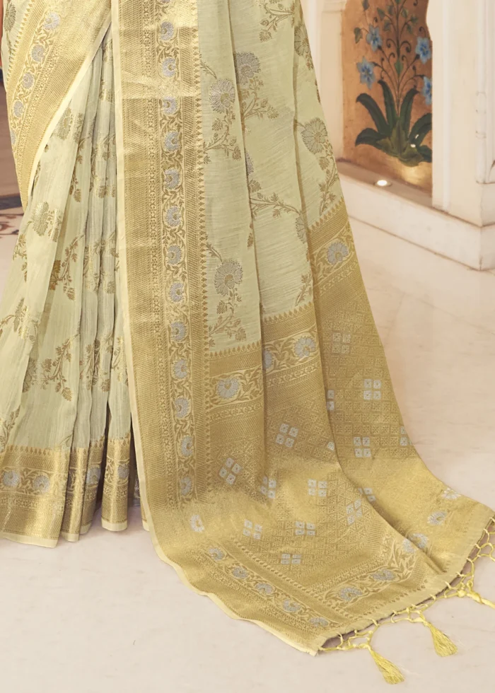 Cream Yellow Woven Linen Silk Saree