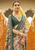 Cream and Green Patola Saree