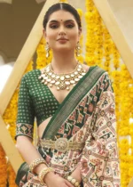 Cream and Green Patola Saree