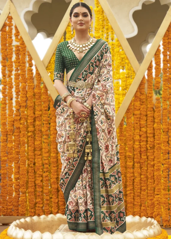 Cream and Green Patola Saree