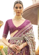 Cream and Magenta Patola Saree