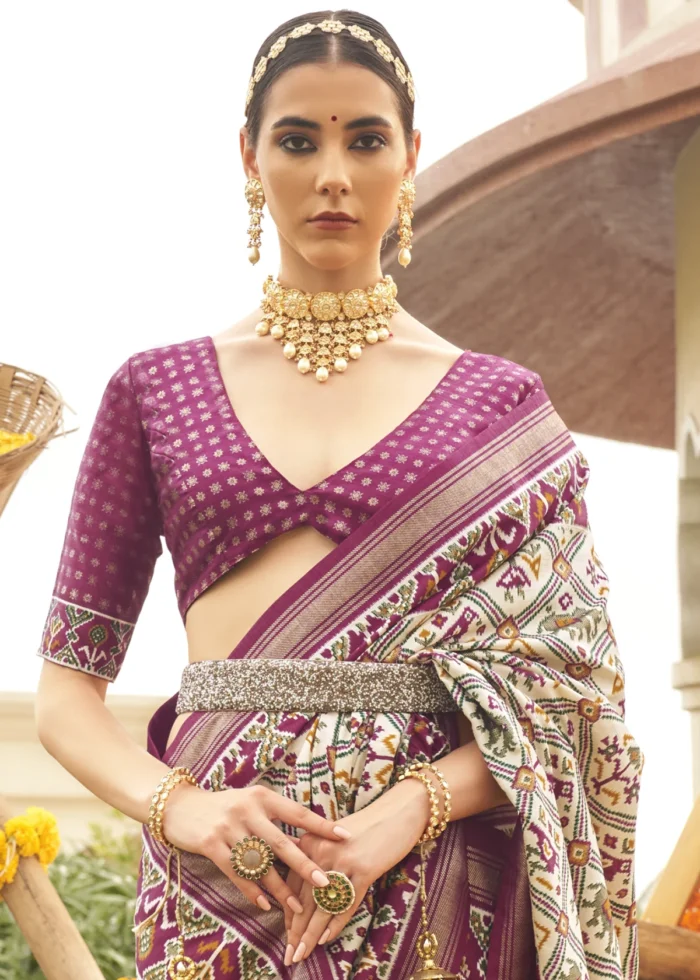 Cream and Magenta Patola Saree