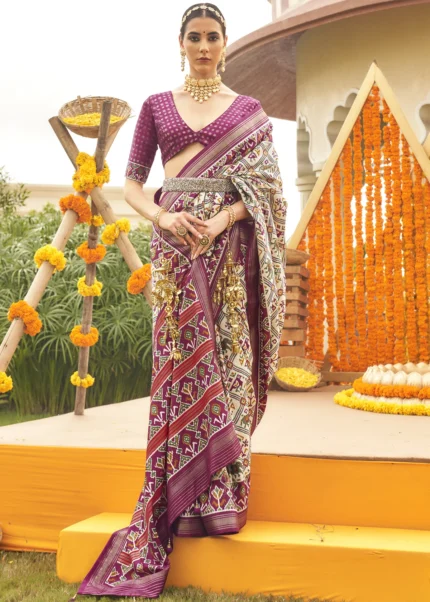 Cream and Magenta Patola Saree