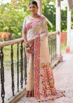 Cream and Maroon Muga Cotton Woven Floral Saree