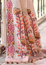 Cream and Maroon Muga Cotton Woven Floral Saree